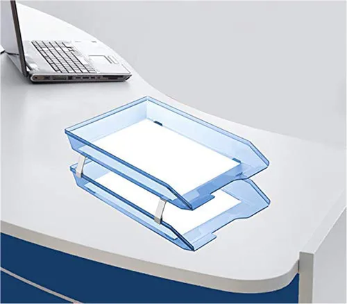 Vista 3 de Acrimet Facility - Organizador de archivos de escritorio de plástico de 2 niveles (color azul transparente)