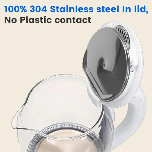 Vista 6 de Hervidor Eléctrico Doméstico, Todo Acero Inoxidable 304 y Sin Contacto con Plástico, Apagado Automático, Vidrio de Borosilicato con Hervido Visual