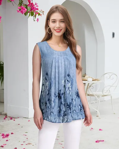 Vista 39 de Timeson - Camiseta de gasa sin mangas, blusa tipo túnica informal de doble capa para mujer