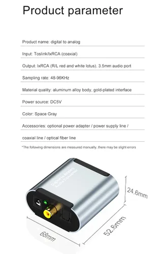 Vista 5 de Tianle Convertidor DAC de 192 KHz, convertidor digital SPDIF Toslink a audio estéreo analógico, adaptador R/L con cable óptico, conector de 0.138 in