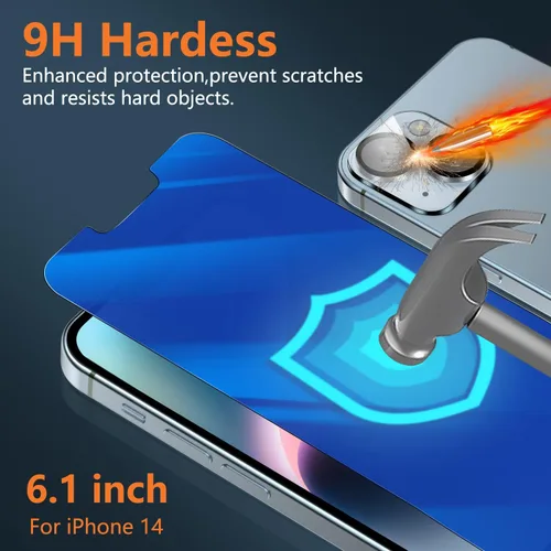 Vista 8 de Fotbor Protector de pantalla compatible con iPhone 14 Pro, protector de pantalla de privacidad de luz azul con protector de lente de cámara