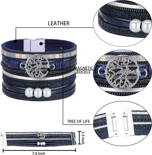 Vista 3 de Pulsera envolvente de cuero turquesa, pulseras de cuentas en capas para mujer, pulseras de plumas multicapa, pulsera bohemia occidental para mujer