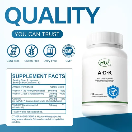 Vista 5 de HUJ Suplemento ADK, 60 cápsulas, calcio, vitaminas A, D3, K2 (MK-7)