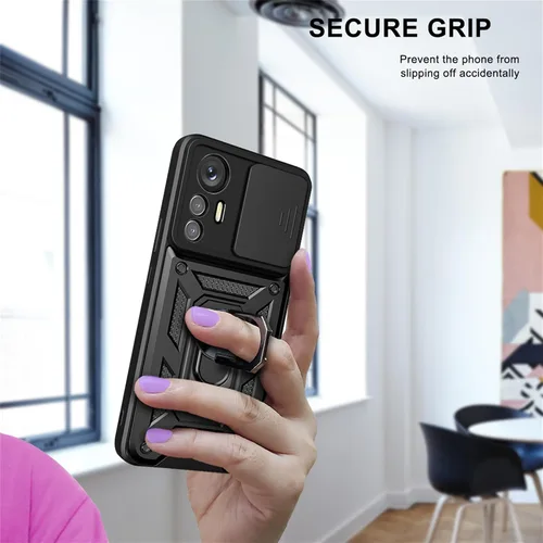 Vista 6 de Funda de teléfono celular para Xiaomi Redmi Note 12S, protección resistente con cubierta deslizante para cámara, soporte giratorio de metal de 360°