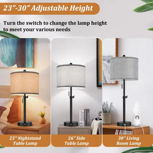 Vista 5 de Kondras Table Lamps for Bedroom Set of 2, 23''-30'' Adjustable Height Bedside Lamps with 2 USB Ports, Black Nightstand Lamps with Grey Linen Shade
