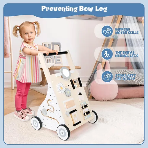 Vista 13 de Asweets Andador de bebé de madera con empuje y tracción para aprender, actividad de aprendizaje para niños, juguete de actividad con múltiples