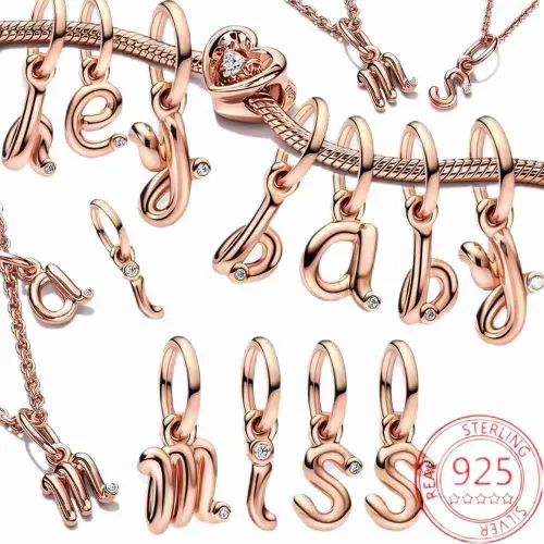 Vista 2 de BEEUVIP Dijes de oro rosa con 26 letras, plata de ley 925 para pulseras Pandora, cuentas iniciales del alfabeto, regalo de joyería para mujeres