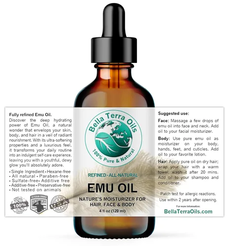 Vista 2 de Bella Terra Oils - Aceite de emú 4 oz - Emu australiano puro genuino, infundido con ácido linoleico y oleico, compañero perfecto para una piel