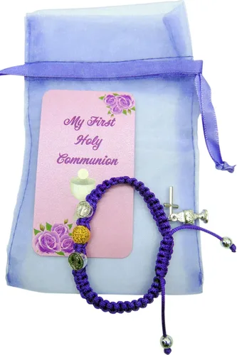 Vista 2 de Westmon Works Juego de pulseras para la primera comunión para niñas, color morado, con dijes de San Benito, macramé, ajustable, accesorios