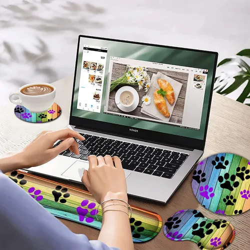 Vista 2 de Alfombrilla ergonómica para mouse con reposamuñecas + reposamuñecas de teclado de espuma viscoelástica, base antideslizante y reposamanos