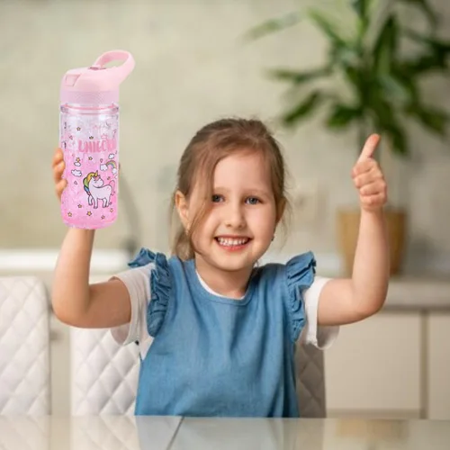 Vista 6 de Botellas de agua de unicornio para niñas, bonita taza de unicornio con popote para niños, bloqueo de seguridad, sin BPA, botella de agua rosa