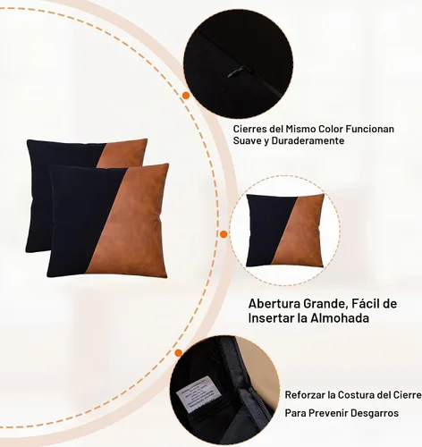 Vista 3 de GEGELICA - Fundas de almohada de lona negra con retazos de piel sintética marrón Negro y marrón