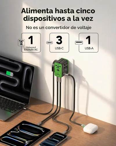 Vista 2 de MFish Adaptador de viaje universal de 5 puertos de 75 W, carga todo en uno Negro