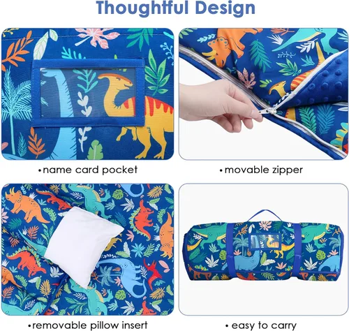 Vista 3 de Colchoneta portátil para siesta para niños con almohada extraíble y manta para niñas y niños, saco de dormir ligero extra grande para preescolar