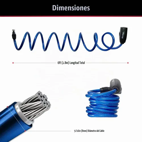 Vista 6 de Master Lock Cables para candado de bicicleta con llave, azul, verde y rojo, paquete de 3 cerraduras de cable de bicicleta con llave, 6 pies