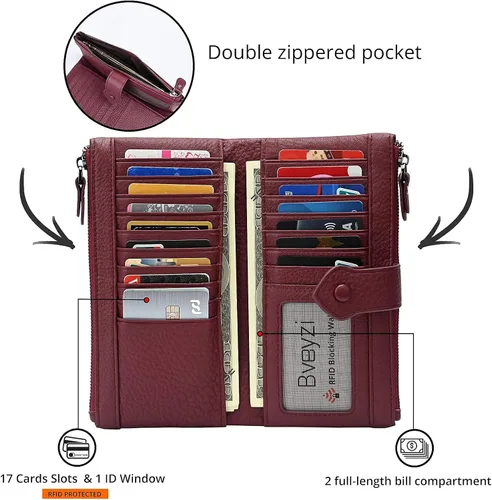 Vista 4 de Billeteras delgadas de cuero suave con bloqueo RFID para mujer, tarjetero de crédito con doble bolsillo con cremallera
