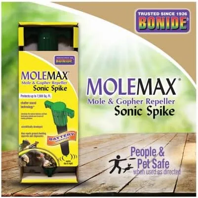 Vista 5 de Bonide Molemax Estaca Repelente de Animales para Tuzas y Topos, Funciona con Pilas, Repelente Humanitario