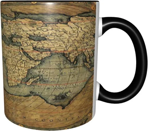 Vista 9 de Taza de café, tazas de porcelana con mapa del mundo, antiguo gráfico antiguo vintage del siglo XVI, 11 onzas, para bebidas calientes y todos