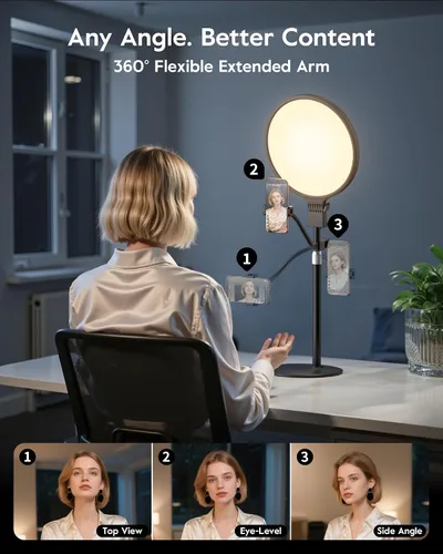 Vista 9 de Anillo de luz de 1300 lúmenes con soporte para escritorio, computadora y laptop, luz de podcast y transmisión con soporte flexible para teléfono