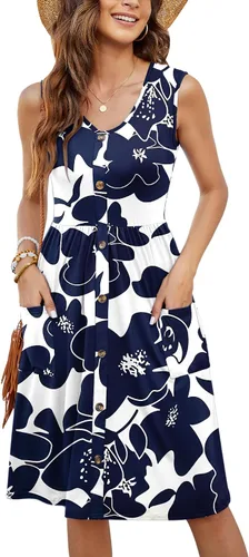 Vista 42 de MOLERANI Vestido de verano para mujer, sin mangas, estilo casual, suelto, con vuelo, botones, midi, con bolsillos 01-beja Blue