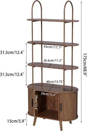 Vista 2 de Soporte Alto para Tocadiscos de Vinilo, Estantería de 4 Niveles con Puertas Corredizas, Gabinete Retro Pequeño para Almacenamiento de Discos
