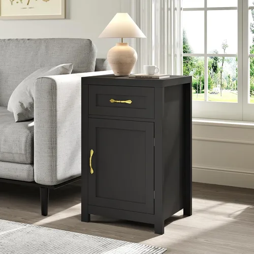 Vista 3 de Mesa Auxiliar de Estilo Granja, Mesita de Noche Rústica de 30" de Alto con Cajón y Gabinete de Almacenamiento, Mesa Lateral de Sofá de Madera