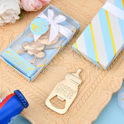 Vista 4 de Abrebotellas de bebé, 24 piezas, llavero con huella de oso y niño, abrebotellas con caja de regalo azul, recuerdos de fiesta de baby shower