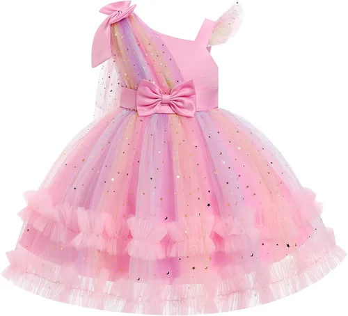 Vista 11 de IBTOM CASTLE Vestido de cumpleaños para niñas, con corazón, de tul, con destellos, de princesa, para bebé, vestido de niña de flores, para boda