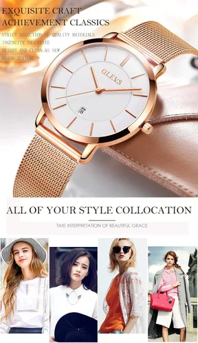 Vista 6 de OLEVS Reloj de regalo para mujer con pulsera de oro rosa para mujer minimalista simple delgado casual analógico de cuarzo impermeable dos tonos