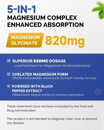 Vista 3 de Complejo de magnesio de 820 mg, 240 cápsulas vegetarianas, para mujeres y hombres con glicinato de magnesio, citrato, malato, taurato y L-treonato