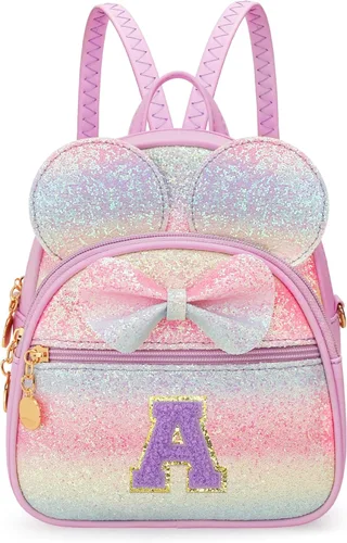 Vista 34 de KKXIU Mochilas Mini con Moño Inicial para Niñas y Mujeres, Linda Mochila Pequeña con Asa de Bolso, Regalos Personalizados para Niños, Arcoíris