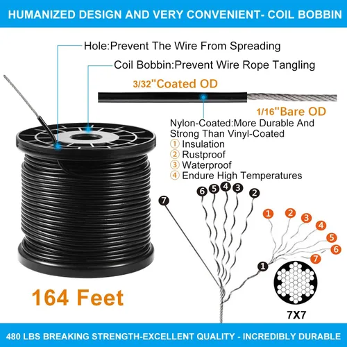 Vista 3 de Kit de colgar luces de cadena Newleray, alambre guía para luces de cadena al aire libre, kit de hardware para velas de sombra, con 164 pies