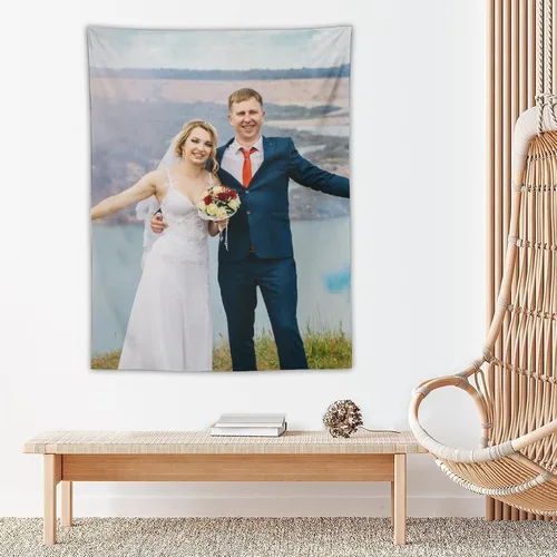 Vista 7 de OHORTEB Tapiz vertical personalizado con foto y nombre, colgante de pared personalizado para bodas, cumpleaños, día del padre, día de la madre