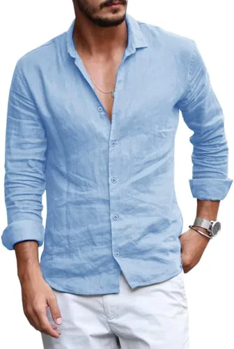 Vista 7 de Runcati Mens Button Down Shirt Linen Cotton Shirts Casual Long Sleeve Tops 01 Negro