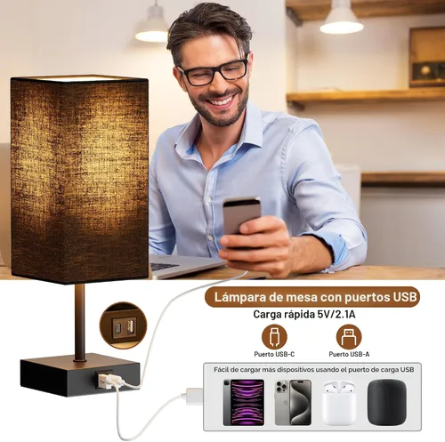 Vista 4 de Lámpara de mesa Sailstar para dormitorio, lámpara de noche táctil de 3 vías regulables, lámpara pequeña con 2 puertos de carga USB C+A, lámparas