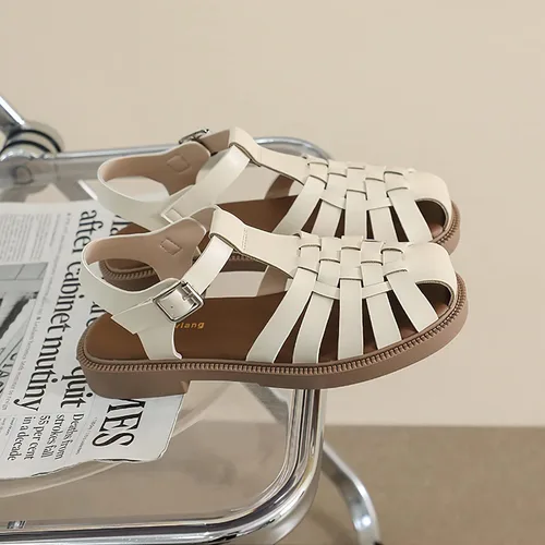 Vista 5 de Zycgh Sandalias de cuero tejidas a mano para mujer para el verano de 2023 - Zapatos para caminar blancos y negros lindos y modernos con soporte