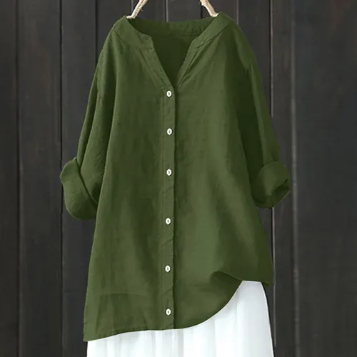 Vista 2 de Camisas de algodón y lino con botones para mujer, cuello en V, manga larga, blusas elegantes y casuales