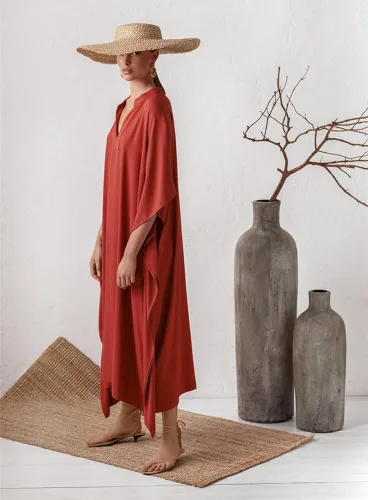 Vista 3 de Vestido de caftán con cuello en V y estampado de rayas para mujer talla grande