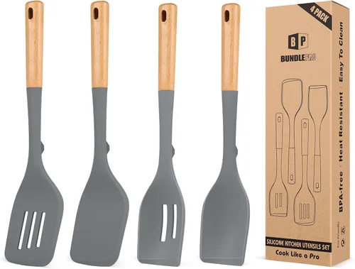 Vista 8 de Juego de 4 utensilios de cocina de silicona, espátulas sólidas antiadherentes y cucharas ranuradas resistentes al calor con mango de madera