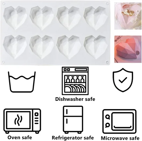 Vista 5 de Molde de silicona para pastel de chocolate con forma de corazón de diamante de 8 cuadrículas, molde de silicona para hornear, mousse, postre, 3D