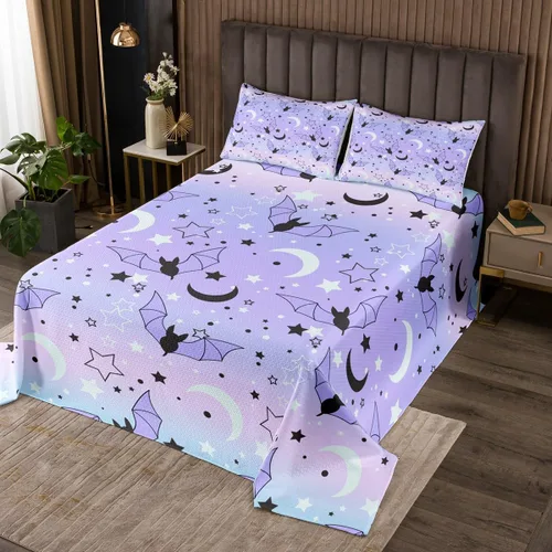 Vista 19 de Erosebridal Juego de colcha de murciélago de Halloween, tamaño individual, estrellas con purpurina y galaxia, para niños, decoración de Halloween