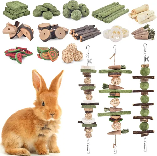 Vista 7 de KATUMO Juguetes masticables de conejo, 74 piezas de bricolaje para hámster, kit de masticar para el cuidado de los dientes de conejo, juguetes