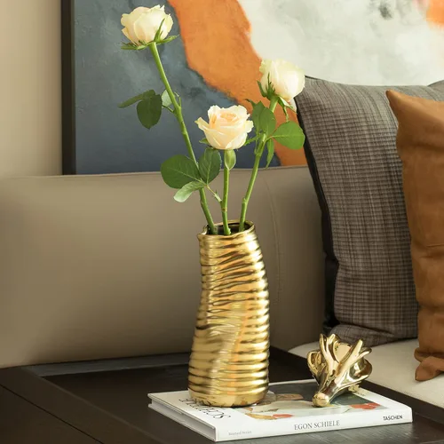 Vista 2 de Florero de centro de mesa de escultura de estilo moderno derretido doblado de cerámica de 9 "H, oro