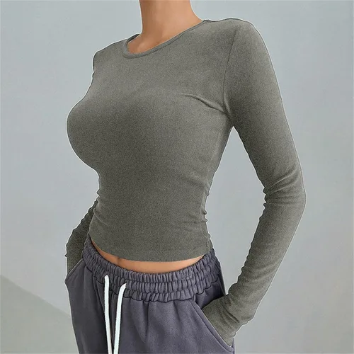 Vista 3 de Camisas de manga larga para mujer, ajustadas, casuales, básicas, para salir, ajustadas, cuello redondo, parte inferior ajustada
