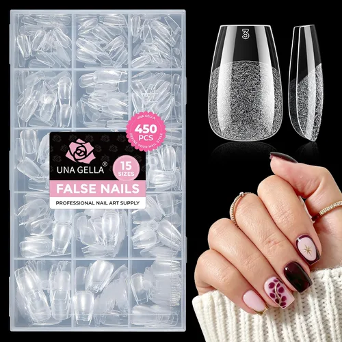 Vista 21 de UNA GELLA Puntas de uñas cortas de almendra, 450 puntas de uñas acrílicas