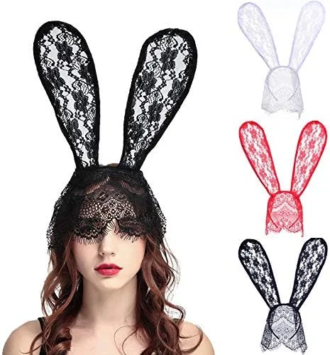 Vista 2 de Tvoip Encantadoras mujeres niñas diademas de encaje conejo orejas sexy velo negro máscara de ojos fiesta de Halloween accesorios para el cabello