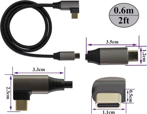 Vista 2 de Cable USB C a USB C 3.1 Gen 2 en ángulo recto de 10 Gbps USB 3.1 tipo C macho a macho, cable de extensión de carga rápida compatible con Google