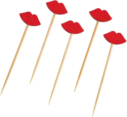 Vista 7 de Restaurantware Pinchos de cóctel de 2.75 pulgadas, 1000 pinchos de aperitivo de labios sexys, palillos de dientes de bambú rojo resistentes