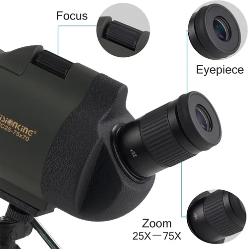 Vista 4 de 25-75x70 Maksutov Telescopio terrestre, 100% resistente al agua, color verde, con prismas Bak4, y trípode.