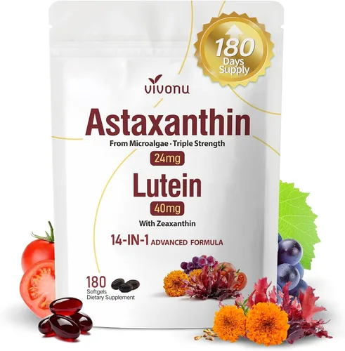 Vista 16 de Astaxantina 14 en 1 12 mg y luteína 40 mg con suplementos de zeaxantina, suministro para 6 meses, fuente de microalgas frescas, apoya los ojos
